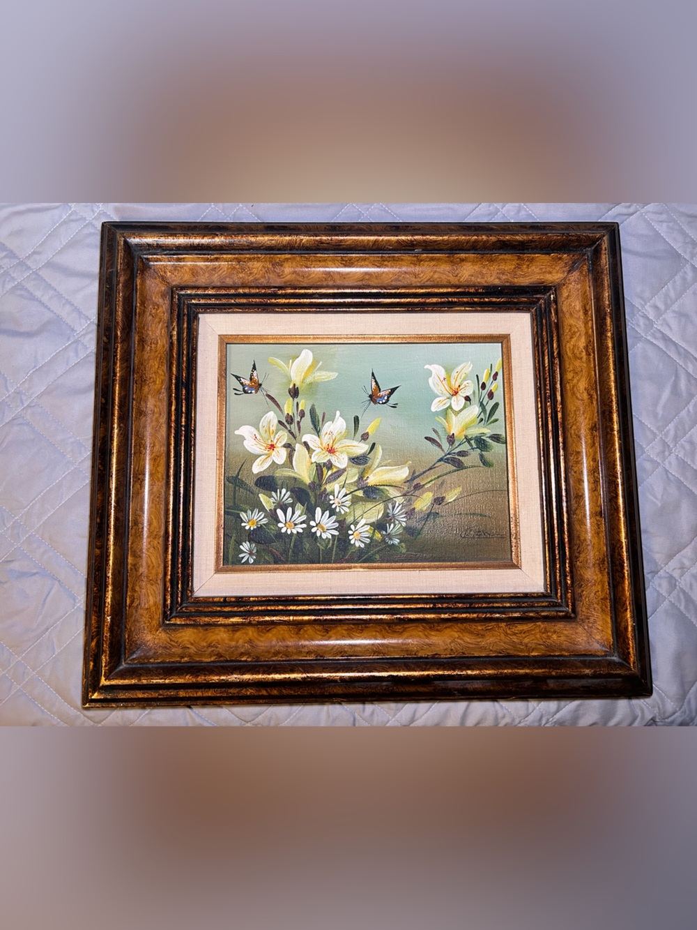 Framed Floral Oil Painting with Butterflies